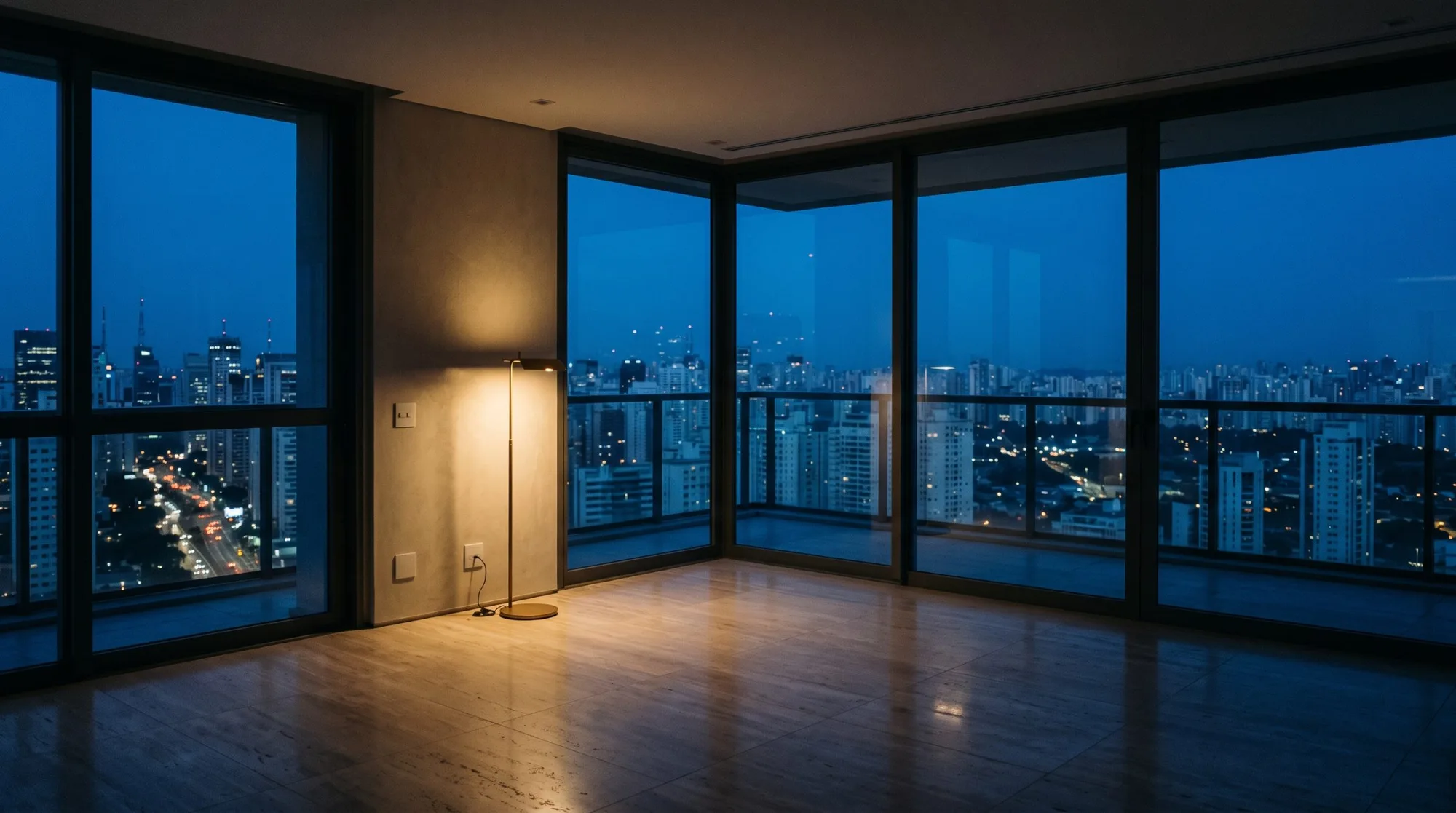 Cobertura ao anoitecer, com a cidade ao fundo.