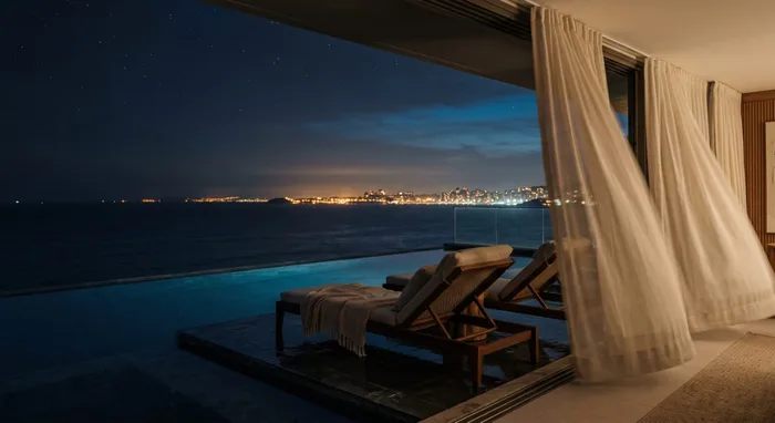 Suíte de hotel com vista aberta.