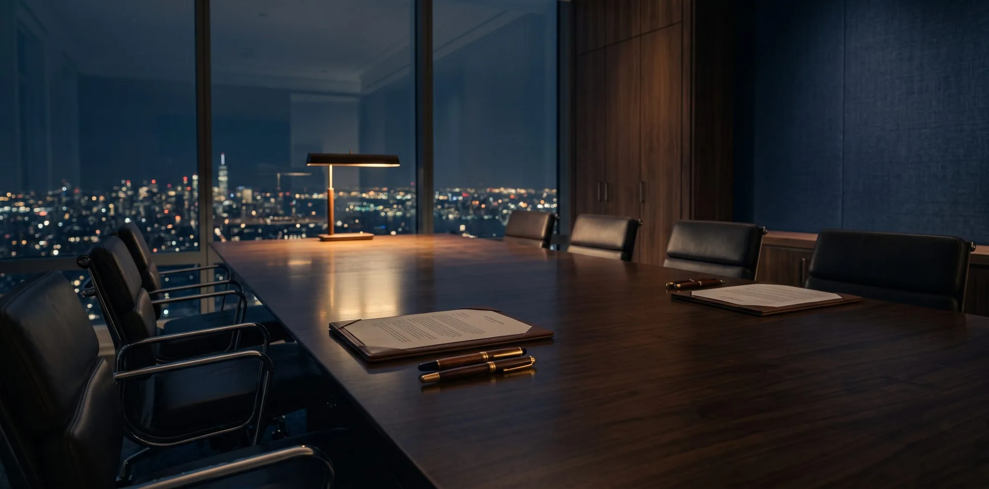 Mesa de reunião com contrato e caneta.