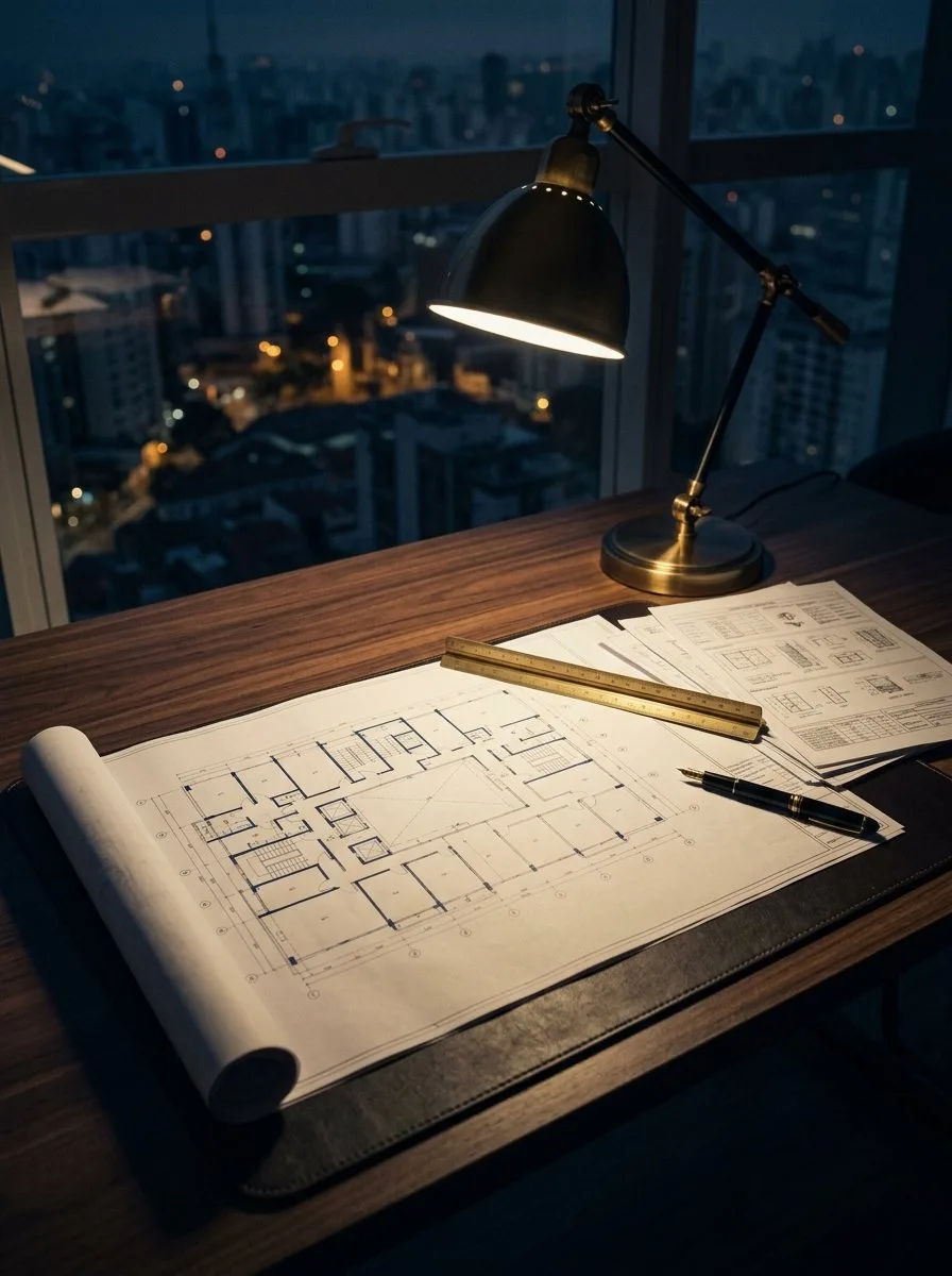 Architectural plan, ruler and technical sheets on a desk under a lamp, with the city at night through the window