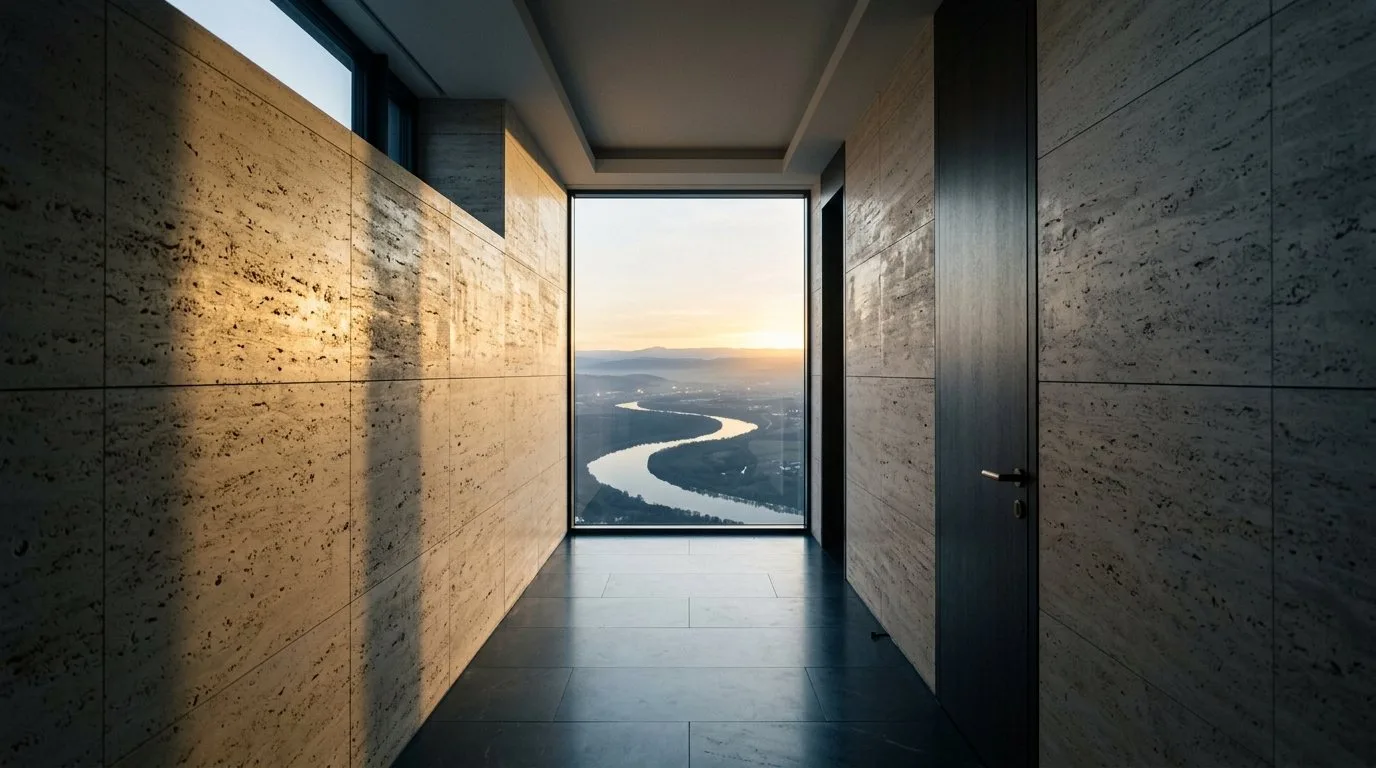 Stone-clad corridor ending in a window that looks out over a river at dusk