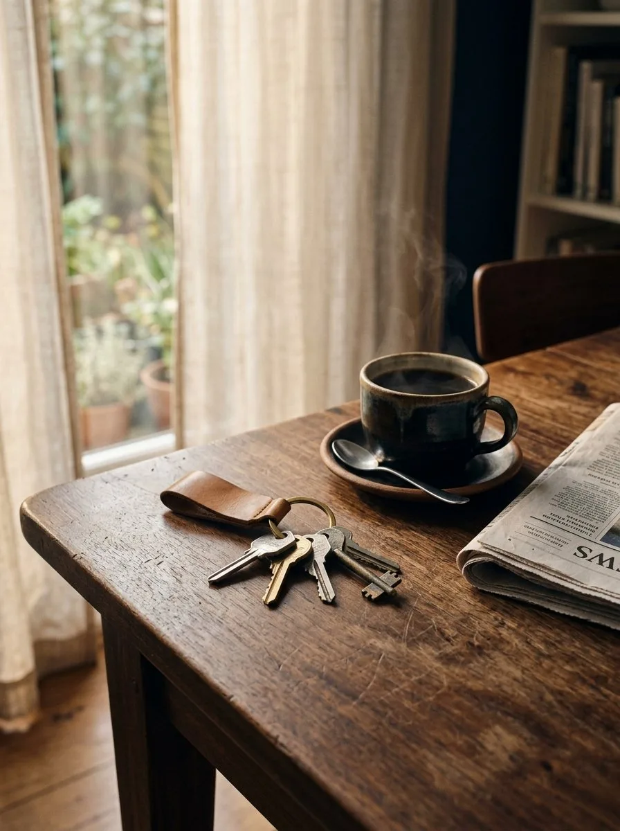 Llaves sobre una mesa de madera, junto a una taza de café y el periódico, al lado de la ventana