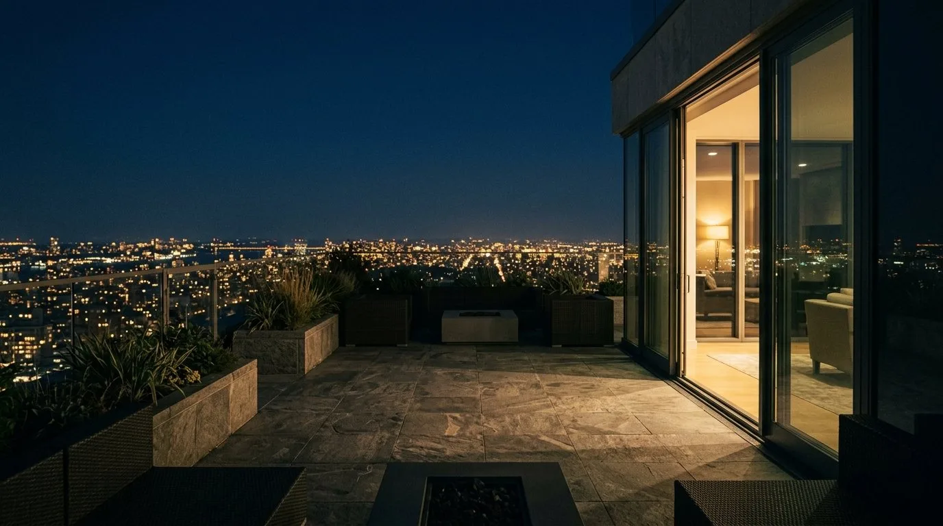 Terraza de ático de noche, con la sala iluminada y la ciudad encendida al fondo