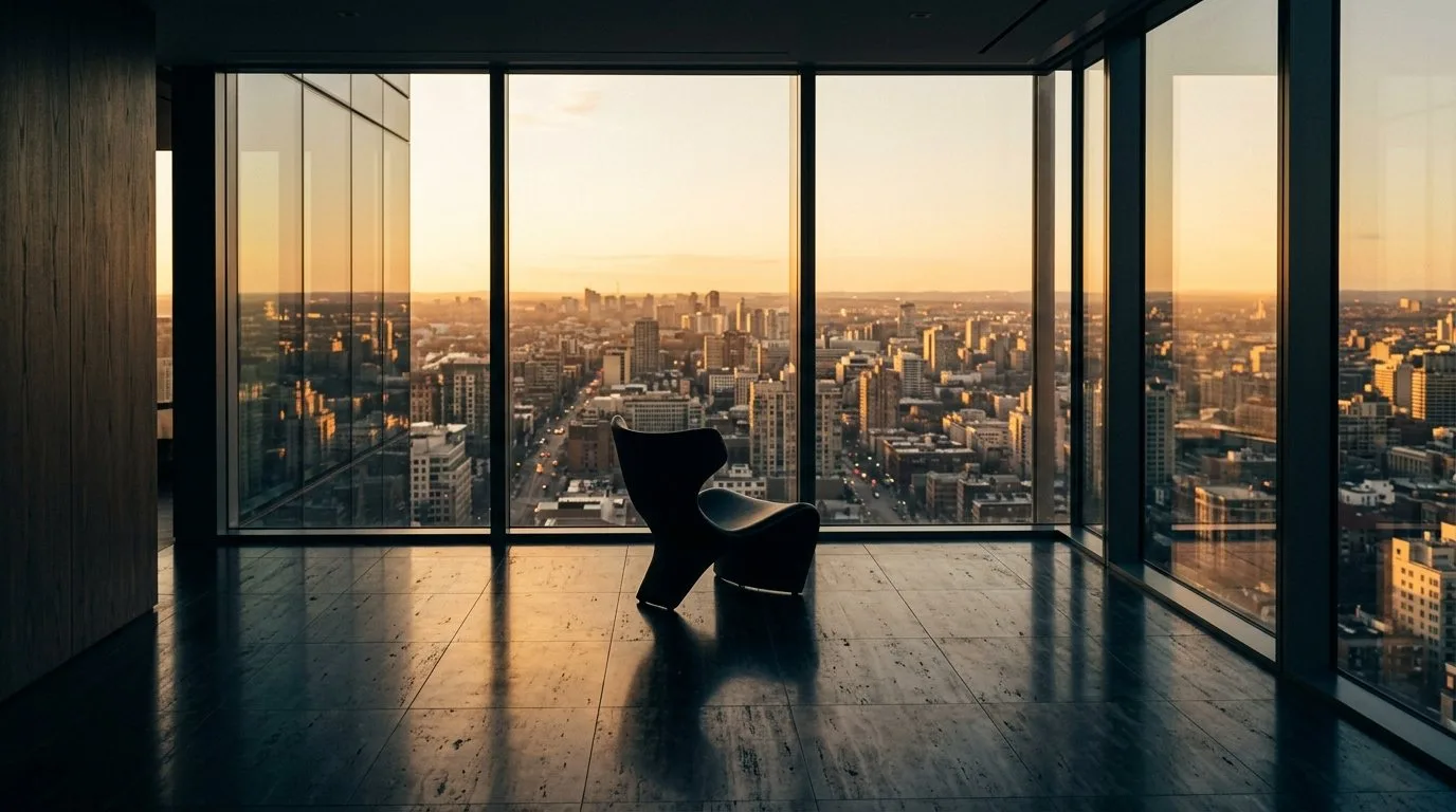 Sala vacía en un piso alto al atardecer, con un sillón frente a la ventana y la ciudad al fondo